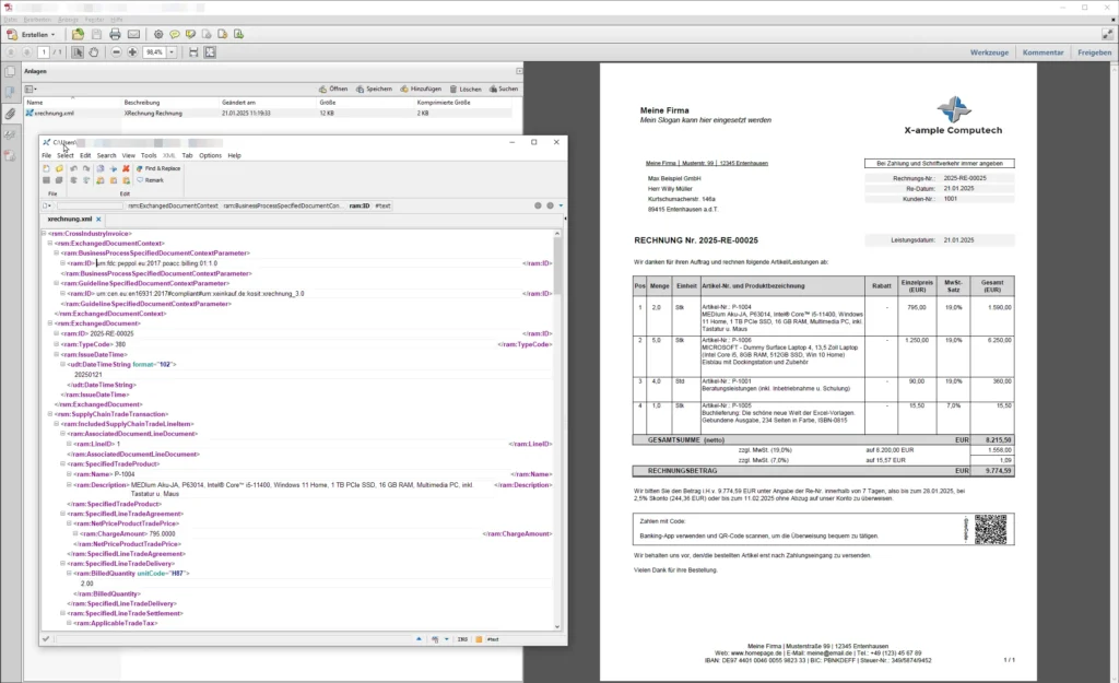 Offenes XML Dokument und PDF nebeneinander