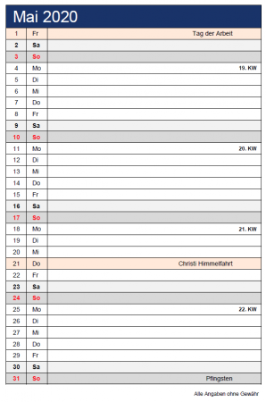 Kalender für beliebige Monate