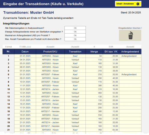 Eingabe Käufe u. Verkäufe