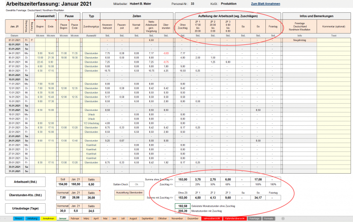 Übersicht Monatsblatt mit Zuschlägen