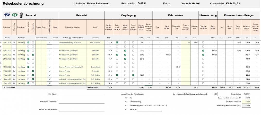 Reisekostenabrechnung: Ausschnitt Abrechnungsblatt - unterer Bereich