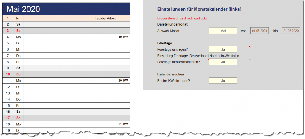 Vorgaben für Monatskalender