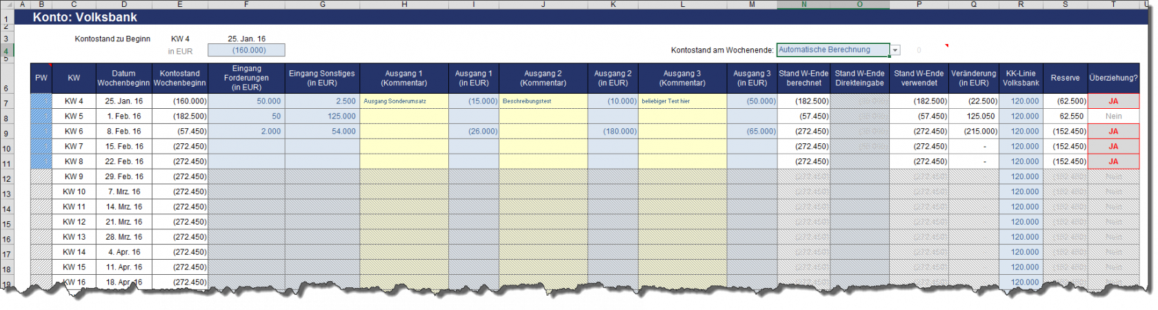 Eines der vier Kontenblätter zur Eingabe IST-Daten