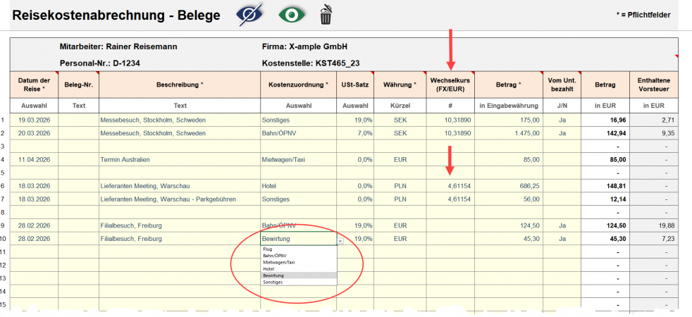 Reisekostenabrechnung: Belegeingabe inkl. Fremdwährungsvorgaben
