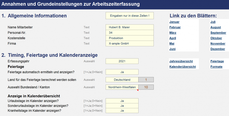 Annahmen 1: Grundinformationen Mitarbeiter, Feiertage u. Kalenderanzeige