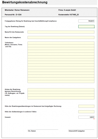 Reisekostenabrechnung: Abrechnungsformular Bewirtungskosten