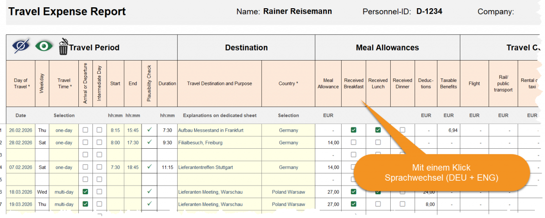 Reisekostenabrechnung: Einfacher Sprachwechsel zw. DEU +ENG