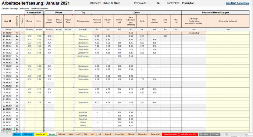 Monatsblatt mit Eingabemöglichkeiten / Stundenerfassung