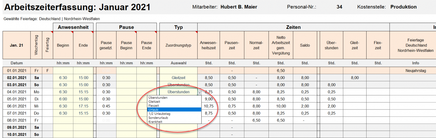 Einfache Dropdown-Wahlmöglichkeit für die Stundenzuordnung