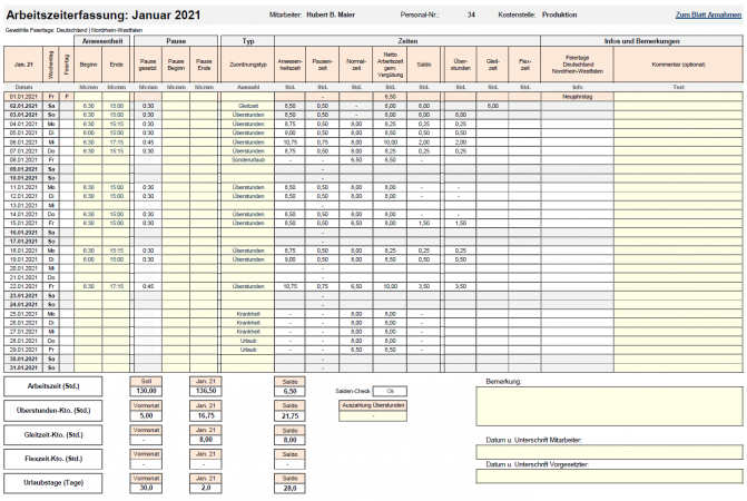 Übersicht eines Monatsblattes (gesamt)