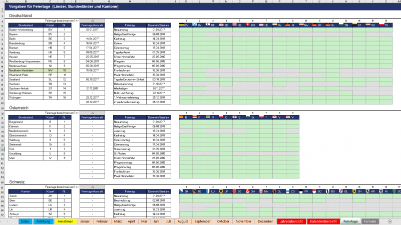Vorgaben Feiertage für Deutschland, Österreich u. Schweiz