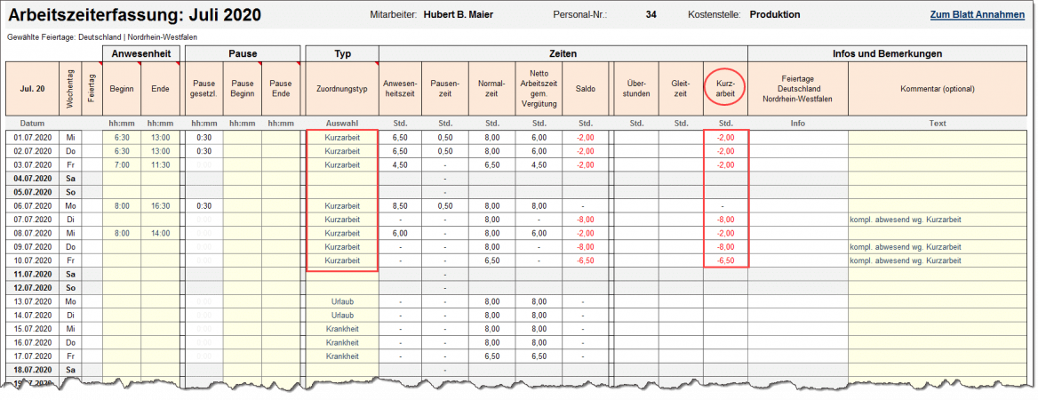 Erfassung u. Auswertung von Kurzarbeit