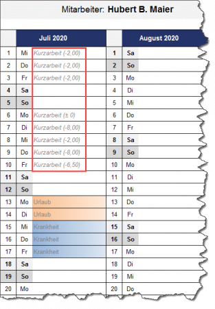 Kurzarbeit in individueller Kalenderübersicht