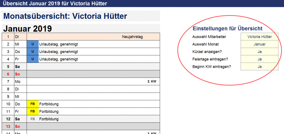 Einstellmöglichkeiten für Monatskalenderübersicht Mitarbeiter/Teammitglieder