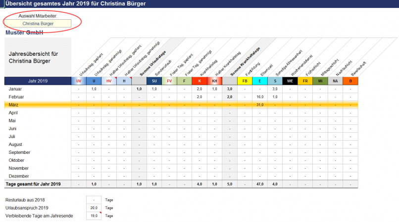 Jahresübersicht für individuelle Mitarbeiter/Teammitglieder