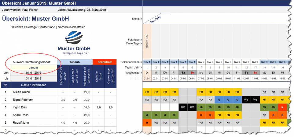 Beispiel Schichtplan - Ausschnitt Monatsübersicht alle Mitarbeiter