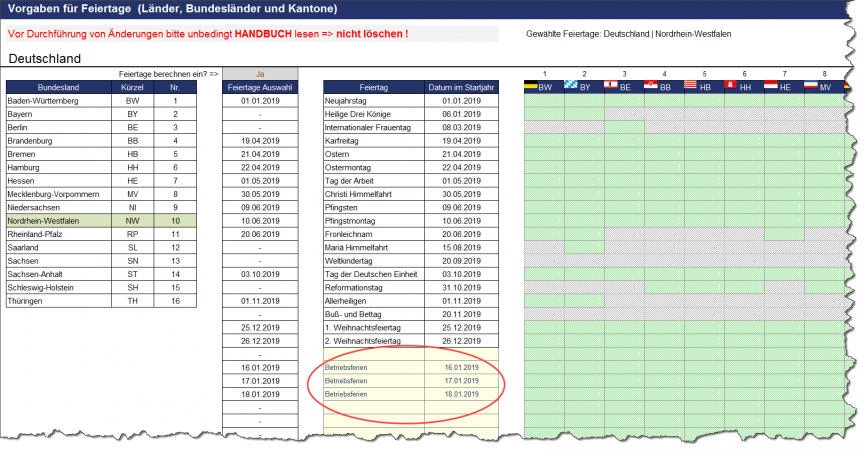 Alle Feiertage in ewigem Kalender enthalten; beliebige freie Tage definierbar