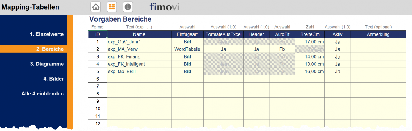Mapping-Tabellen mit Detaileinstellungen für Übertragung