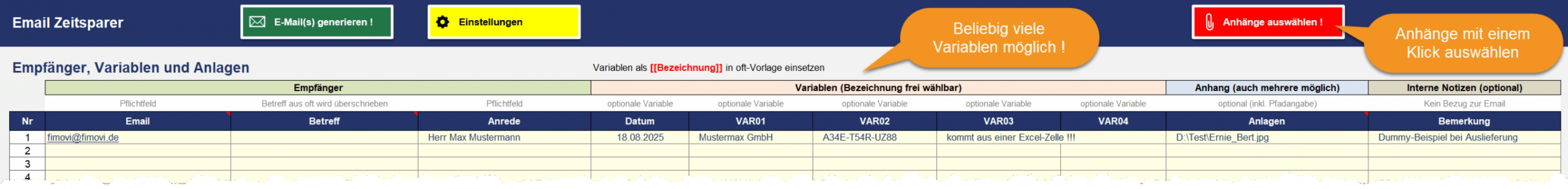 Empfänger, Variablen und Anlagen