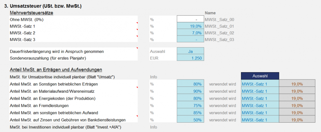 Vorgaben (Annahmen) zur Umsatzsteuer (Sätze, Vorauszahlungen etc.)